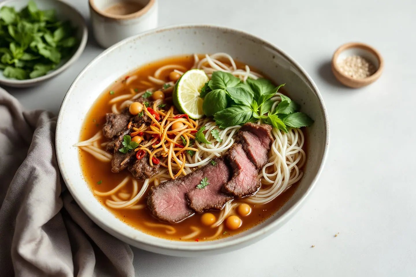 Pho-Schale mit Rindfleisch, Reisnudeln und frischen Kräutern