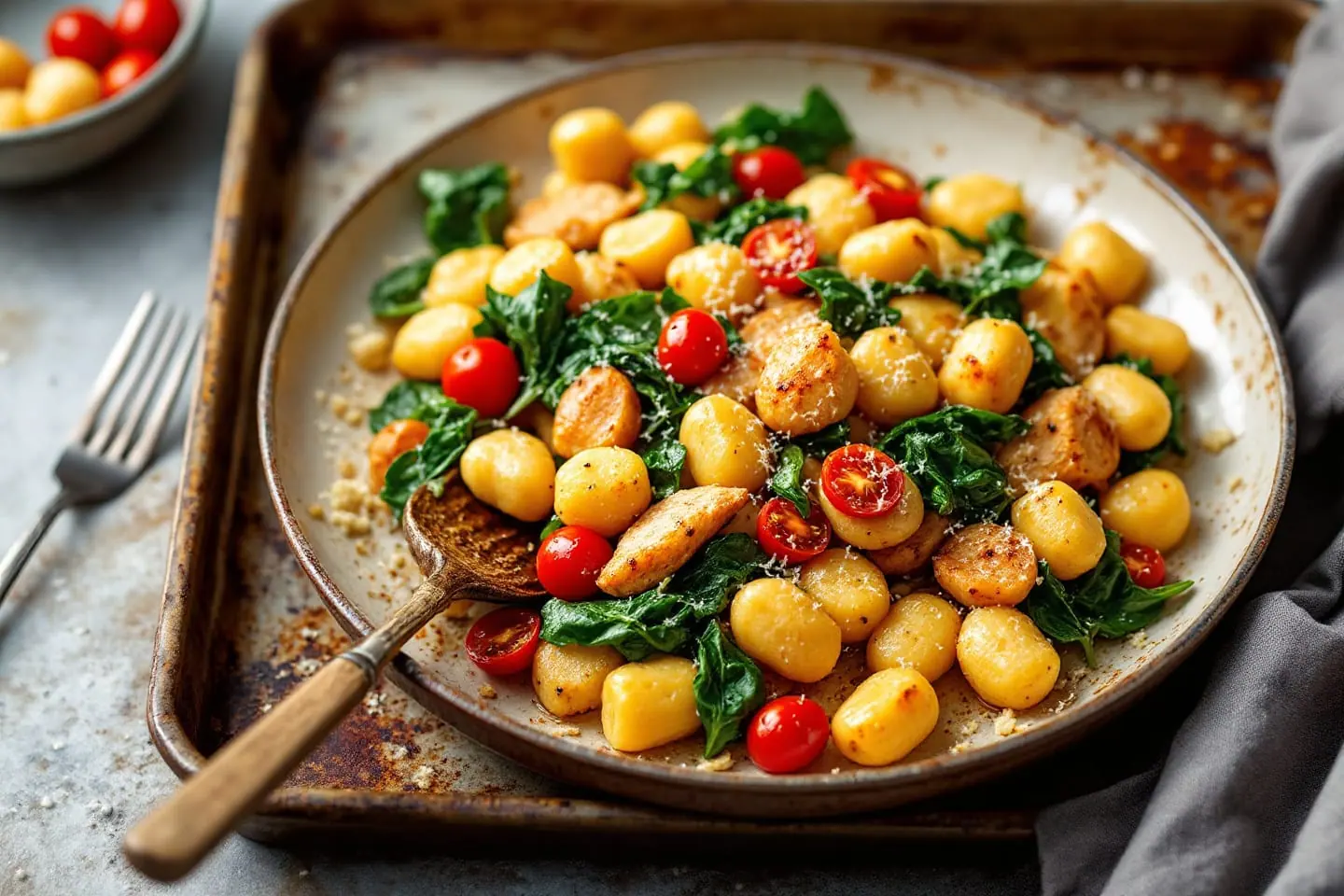 Gnocchi mit Hähnchen und Spinat in einer gusseisernen Pfanne