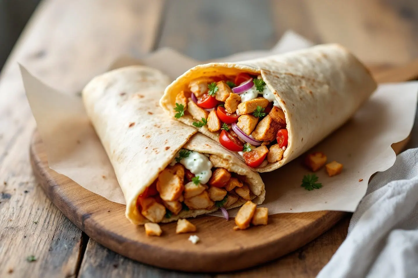 Gefüllter Wrap mit Hähnchen, Salat und Joghurtsauce