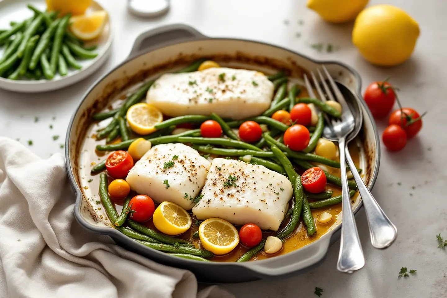 Kabeljaufilet mit Zitrone und Gemüse auf einem Blech