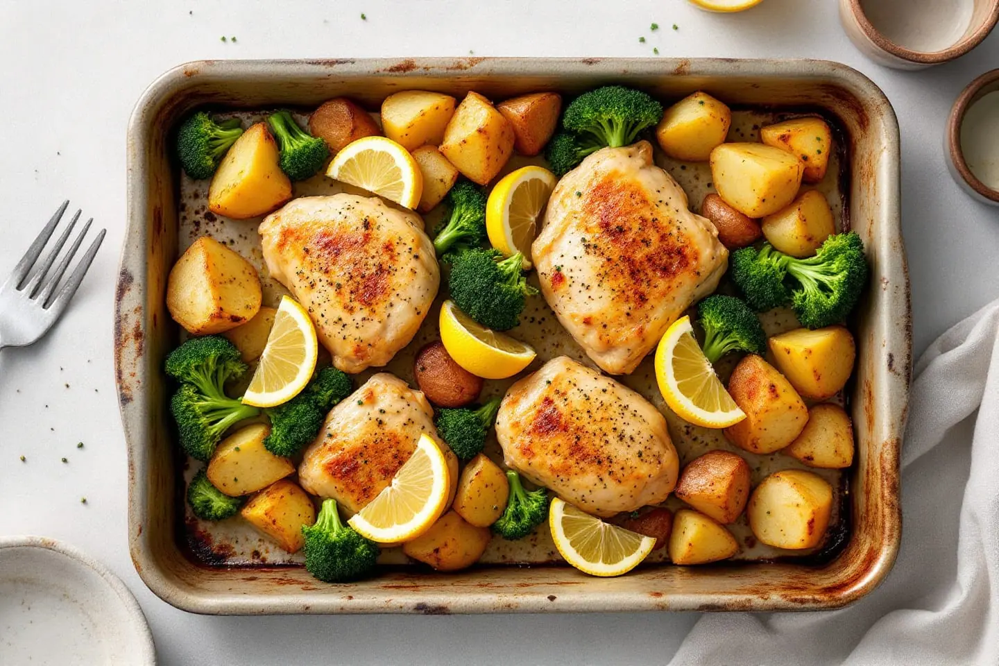 Ofenblech mit gebratenen Hähnchenschenkeln, Zitronenscheiben und Kartoffeln