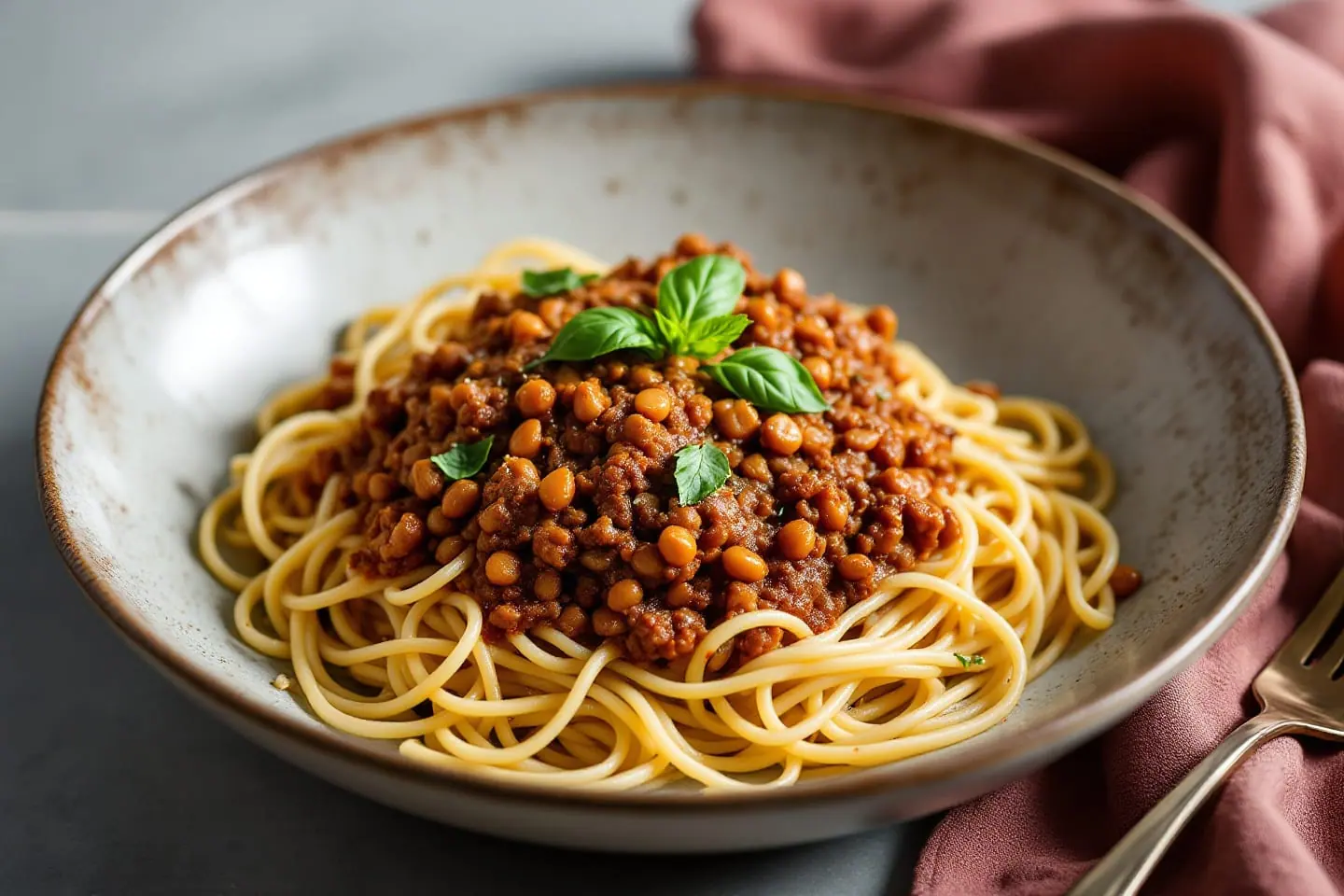 Pasta mit dunkler Linsensauce und Kräutern