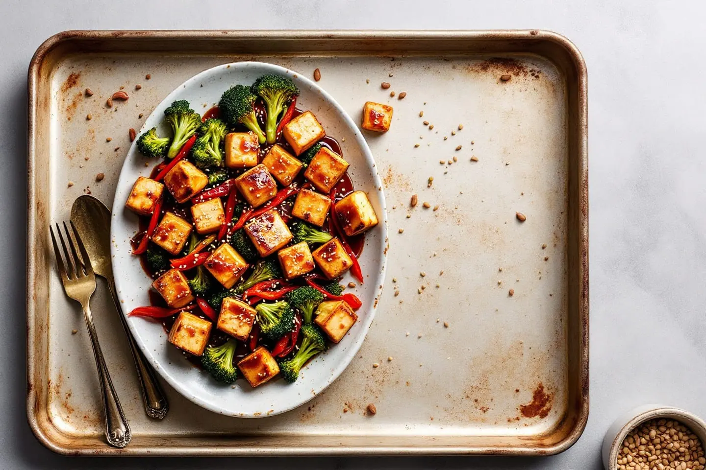 Ofenblech mit glasiertem Tofu und geröstetem Gemüse