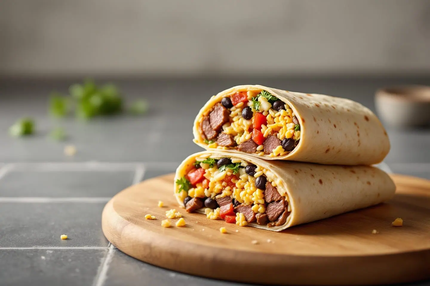 Aufgeschnittener Wrap mit Steakstreifen, Reis und Bohnen